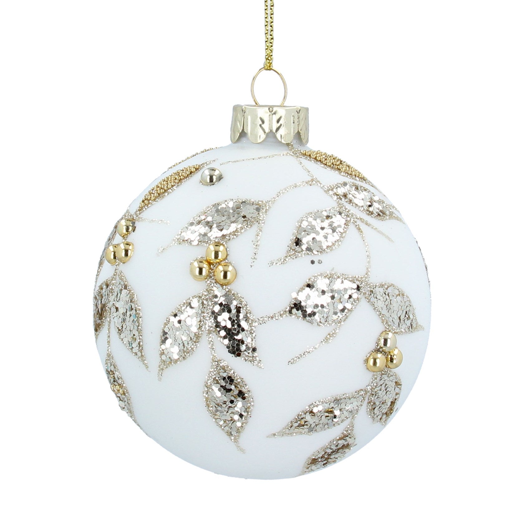 Matt Cream Glass Bauble with Gold Glitter Leaves