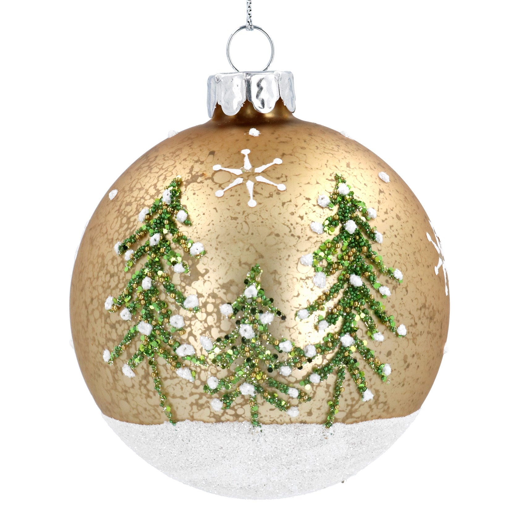 Mottled Gold & White Sparkling Glass Bauble with Trees