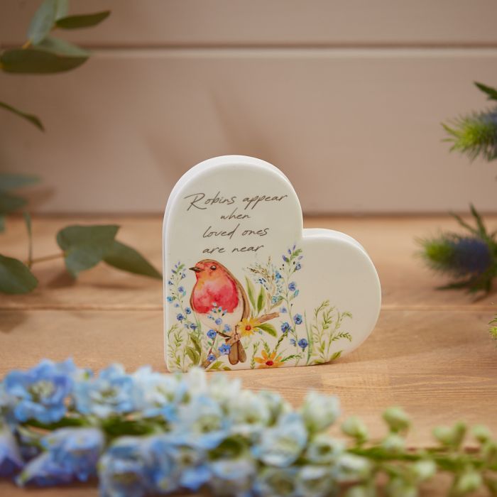 Robin Forget Me Not Heart Block White Ceramic Robins Appear