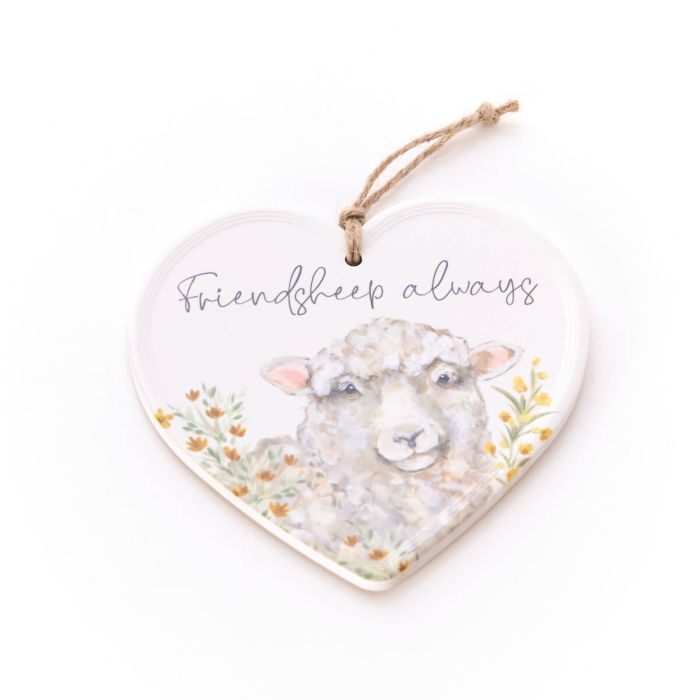 'Friendship Always' Sheep Floral Ceramic Hanging Heart
