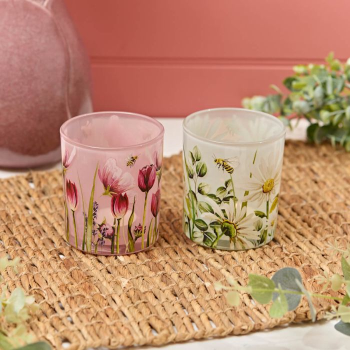 GLASS FLORAL PINK AND WHITE CANDLE HOLDERS