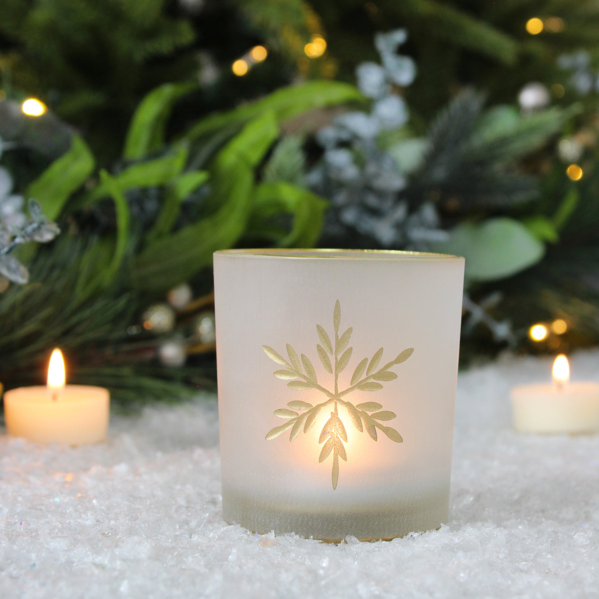 Frosted Glass Gold Snowflake Tea Light
