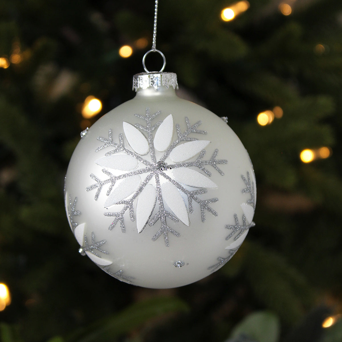 Pearl White Glass Bauble with Snowflakes