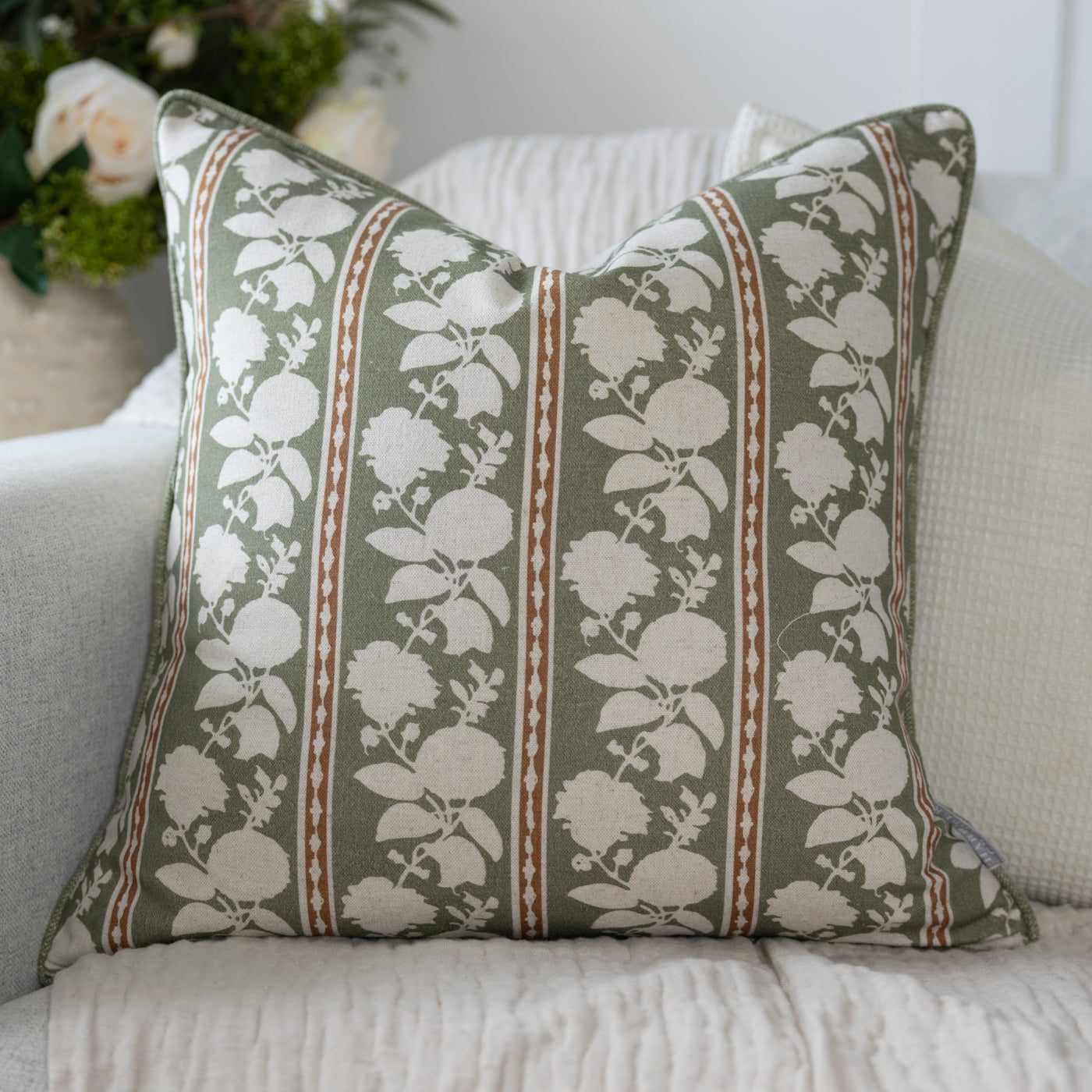 Mirabeau Oregano Green and Rust Floral Stripe Square Cushion