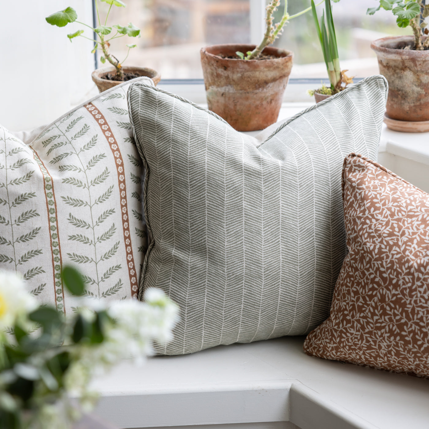 Varella Oregano Green Printed Herringbone Square Cushion