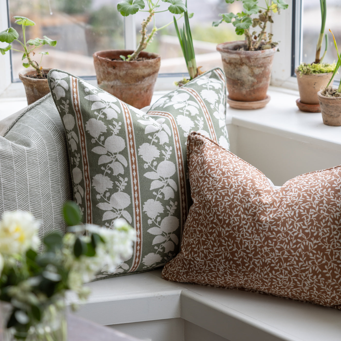 Mirabeau Oregano Green and Rust Floral Stripe Square Cushion