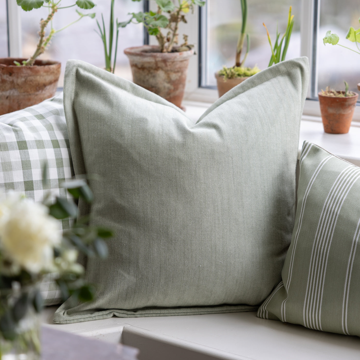 Eltham Lovage Green Herringbone Cushion