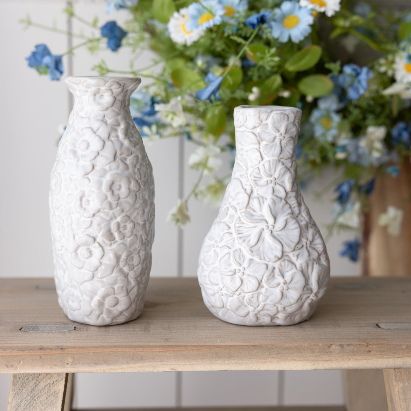 White Embossed Flower Medium Ceramic Vase