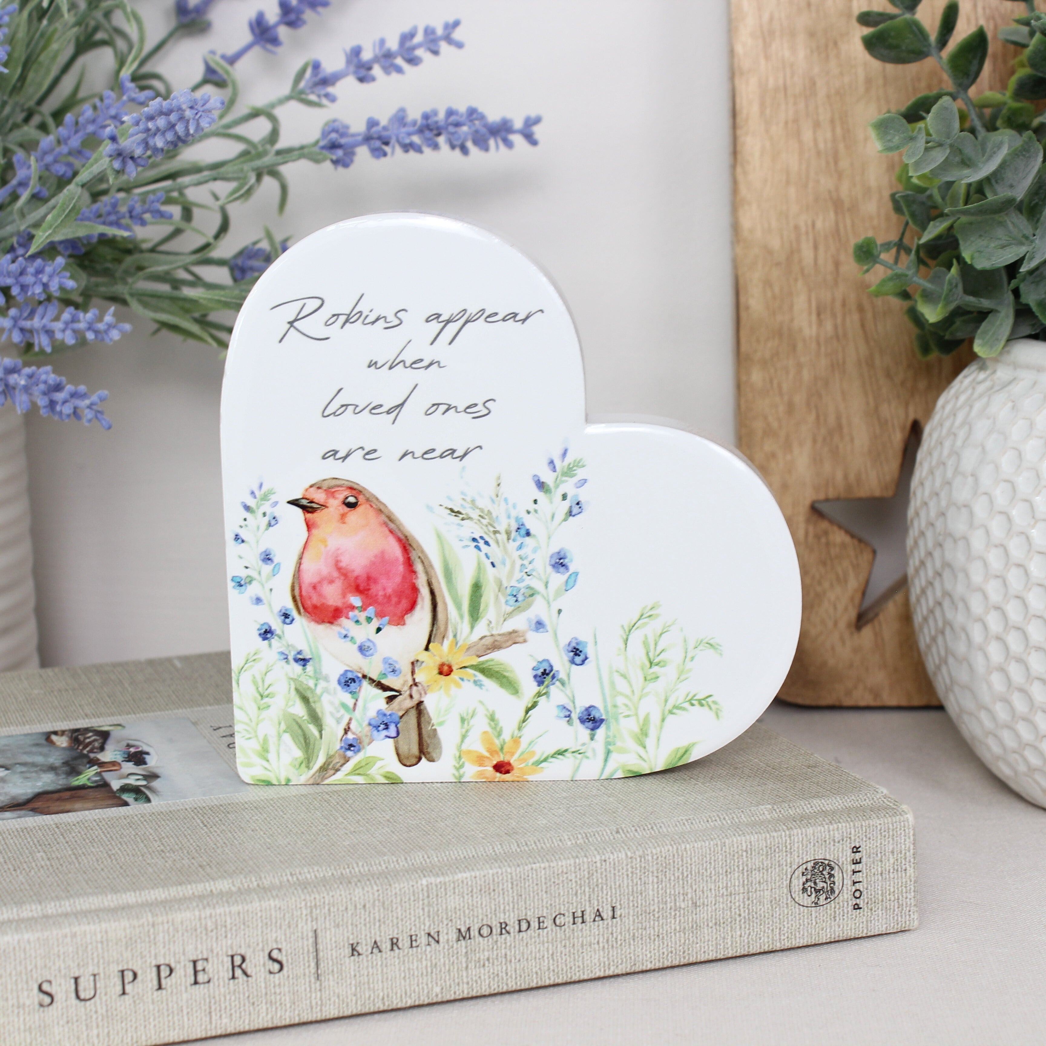 Robin Forget Me Not Heart Block White Ceramic Robins Appear