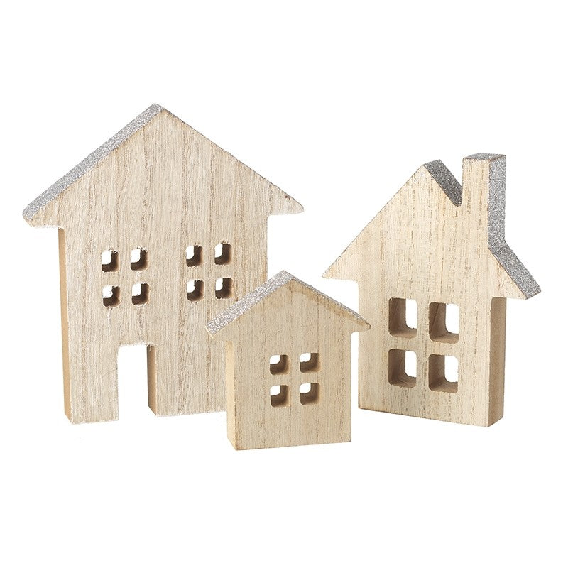 Set Of Three Silver Roof Wooden Houses