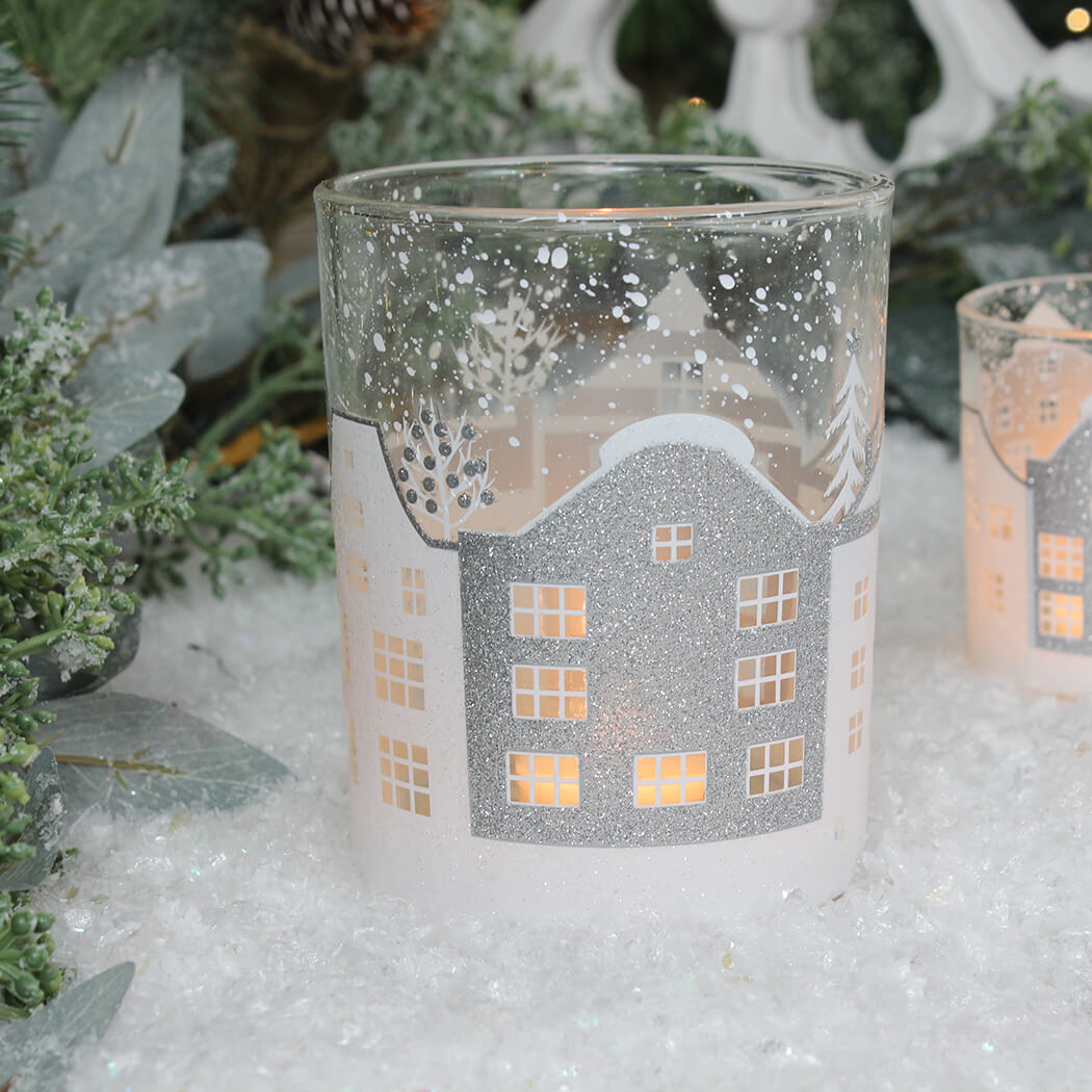 Medium Clear Glass Nite Lite Pot with Silver & White Houses