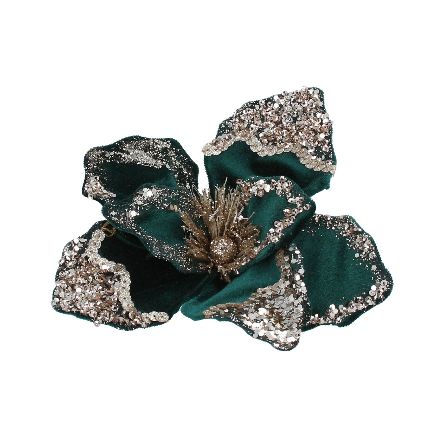Teal Green Fabric/Gold Glitter Magnolia Clip