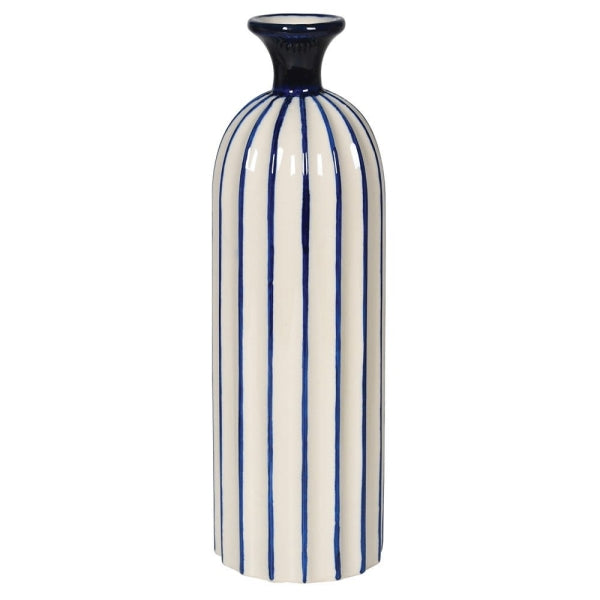 Large Blue and Cream Striped Bottle Vase