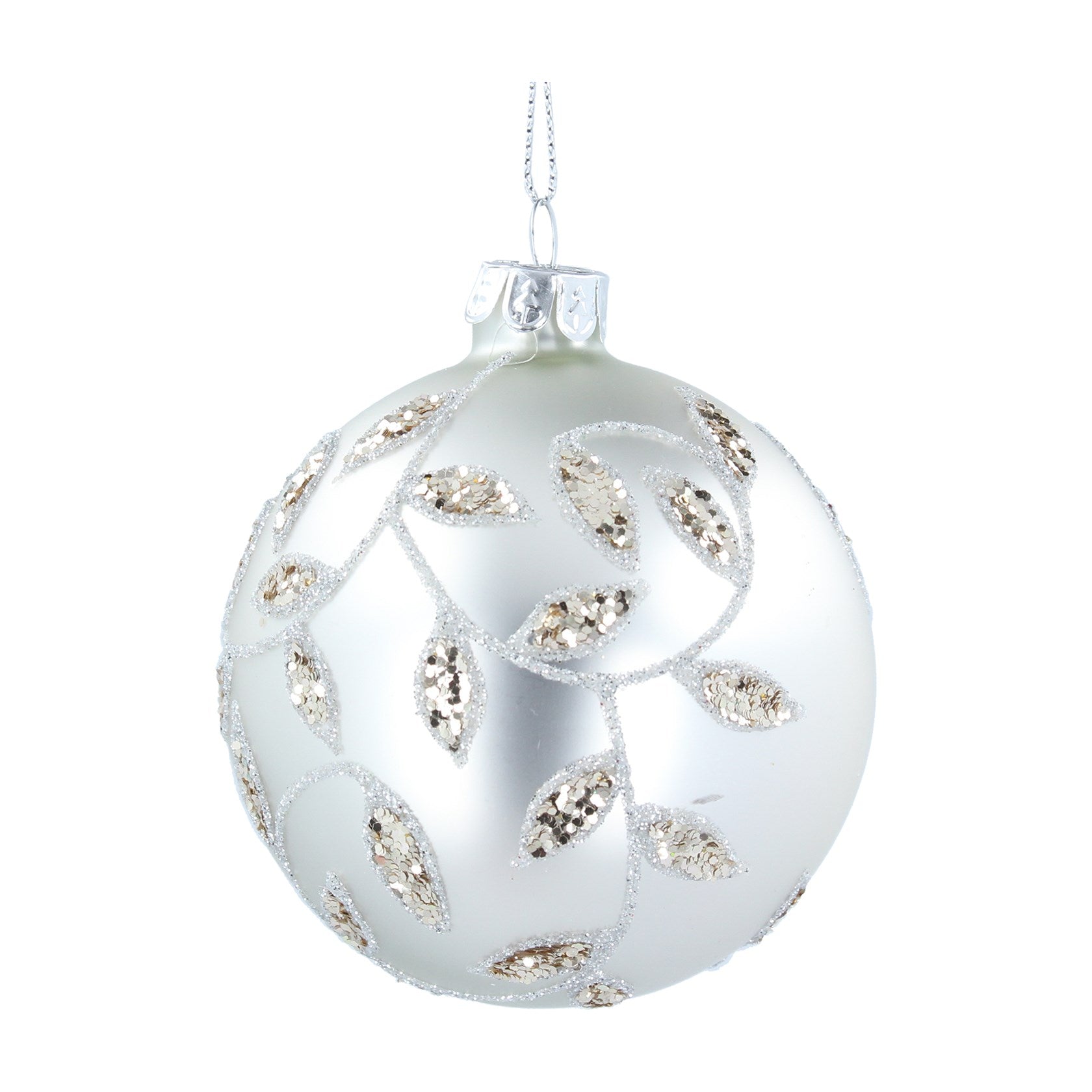 Matte Silver Glass Bauble with Glittered Vines