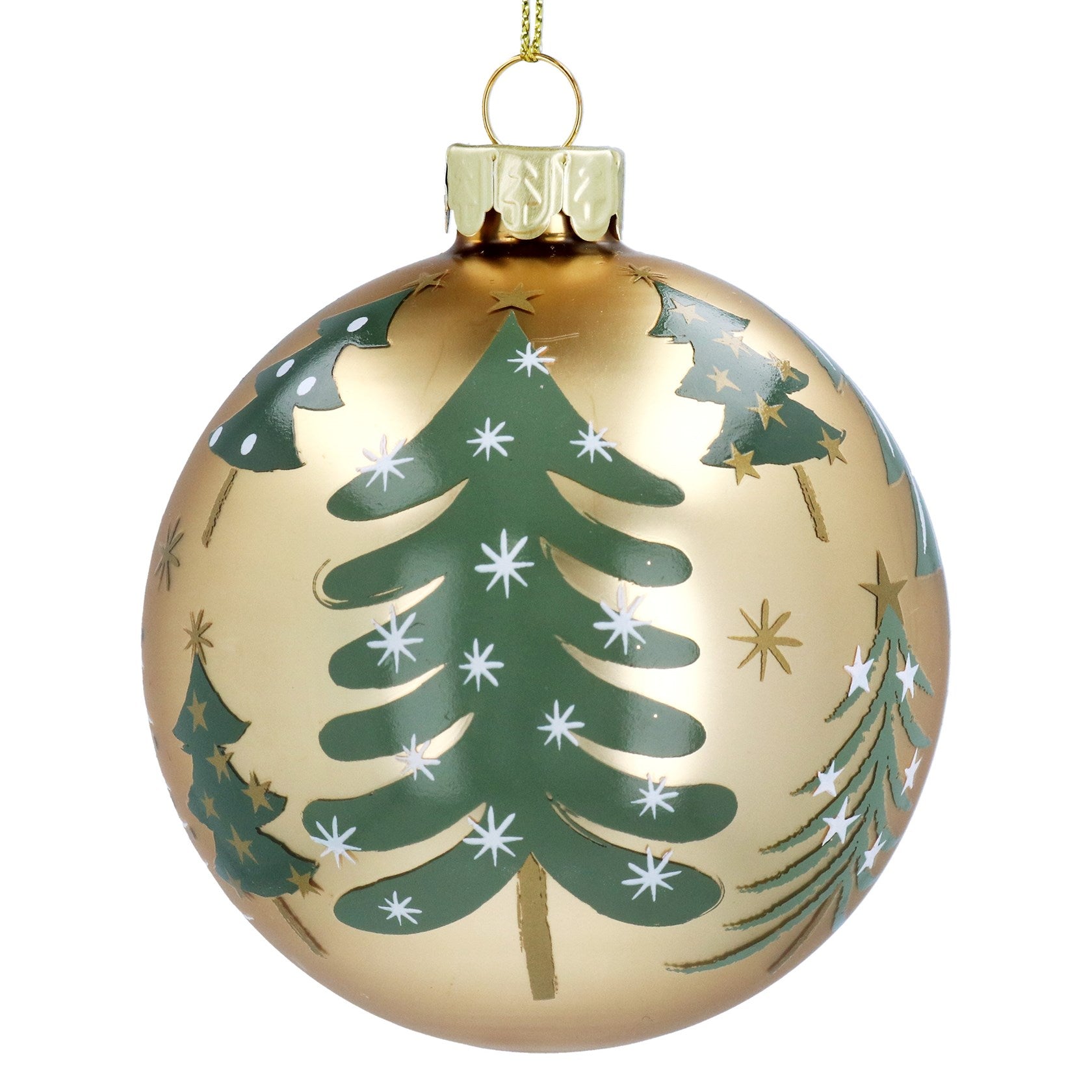 Matt Gold Glass Bauble with Green Trees