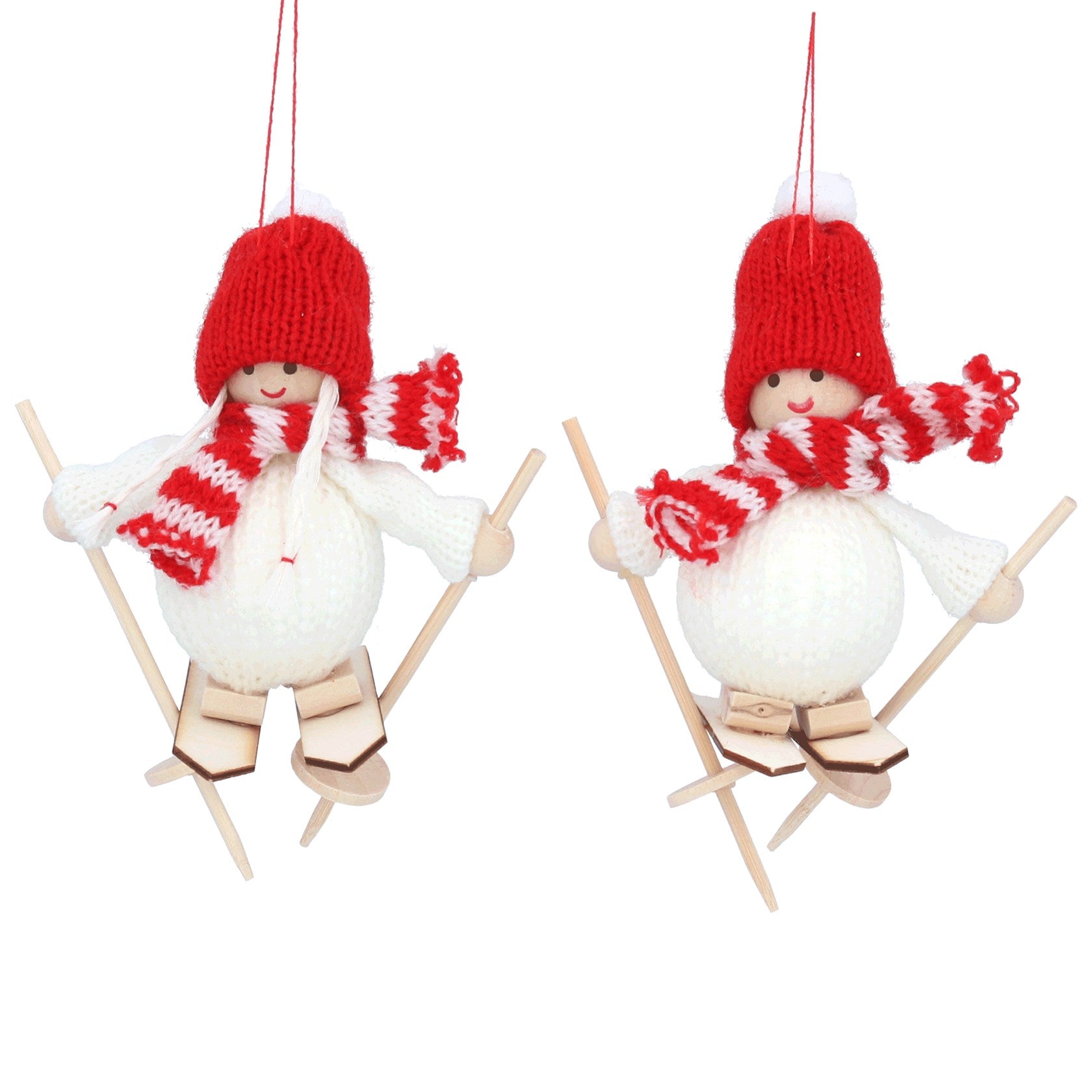 Red/White Knitted Fabric Boy & Girl on Skis Decoration