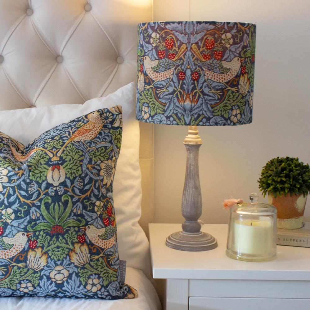 William Morris Tapestry Strawberry Thief Blue Drum Lampshade