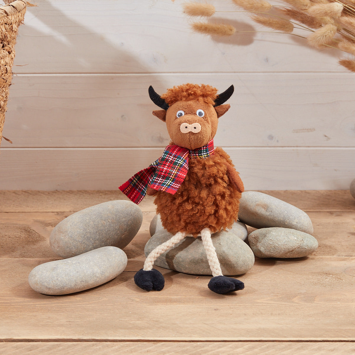 Highland Cow Shelf Sitter with Tartan Scarf