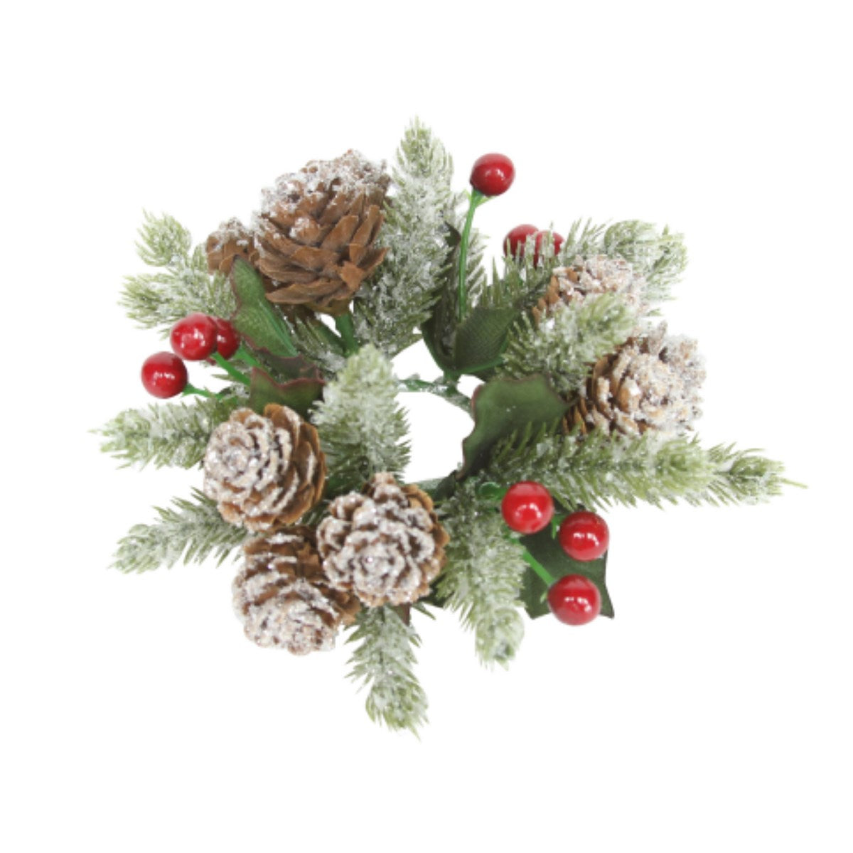Candle Ring with Snowy Cones, Fir & Red Berries