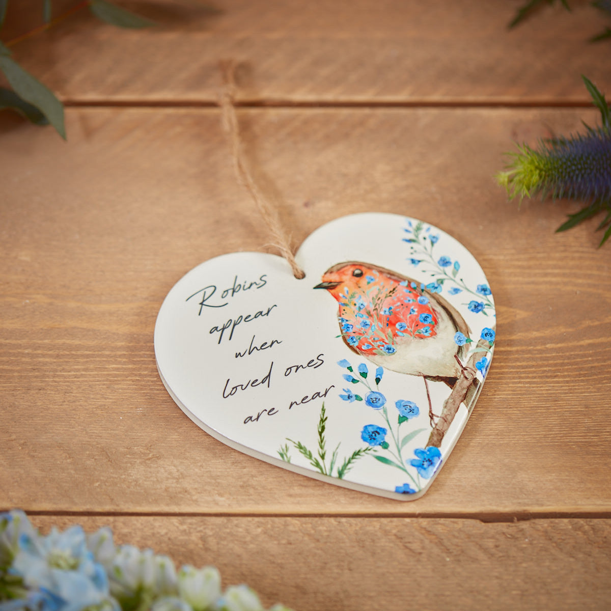 Robin Forget-Me-Not Heart Hanger White Ceramic Robins Appear