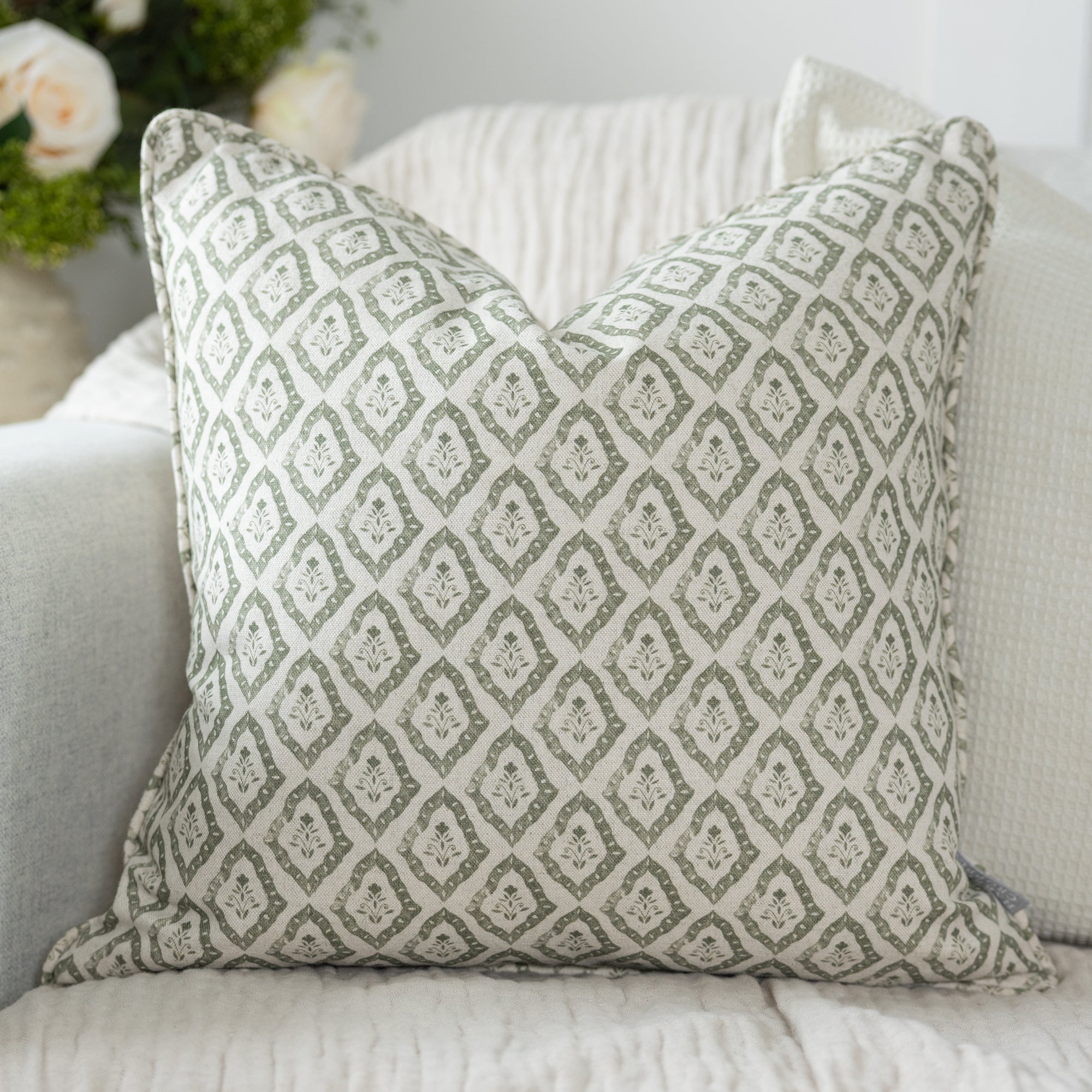 Celina Oregano Green Diamond Floral Print Square Cushion