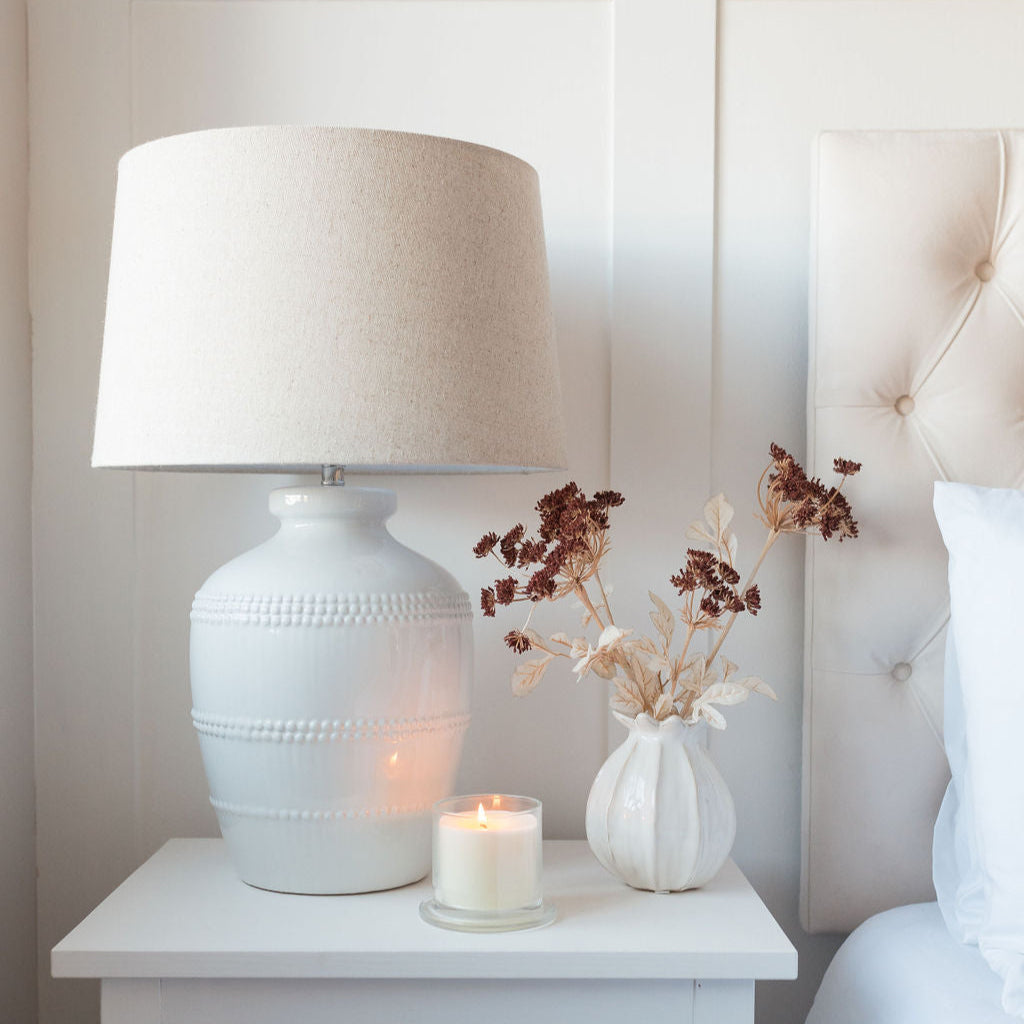 White Beaded Table Lamp with Linen Shade