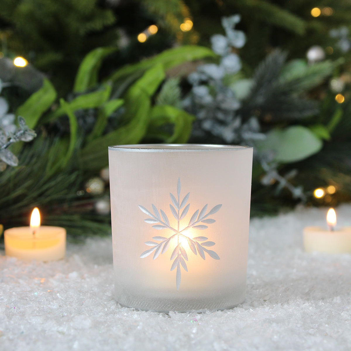 Frosted Glass Silver Snowflake Tea Light