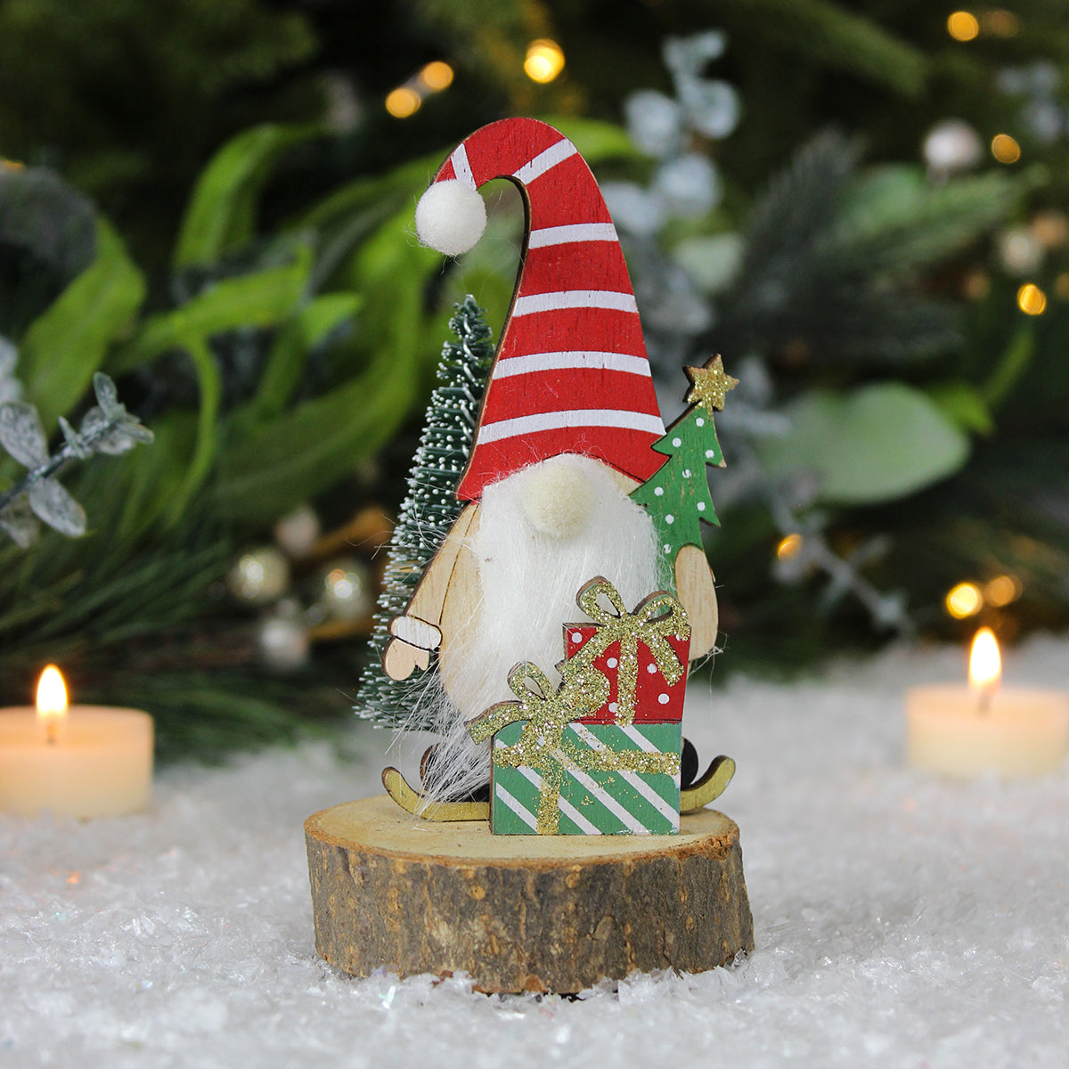 Gonks In Red Hats Wooden Decoration