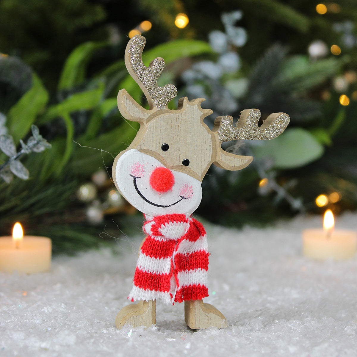 Small Wooden Rudolph In Red & White Scarf