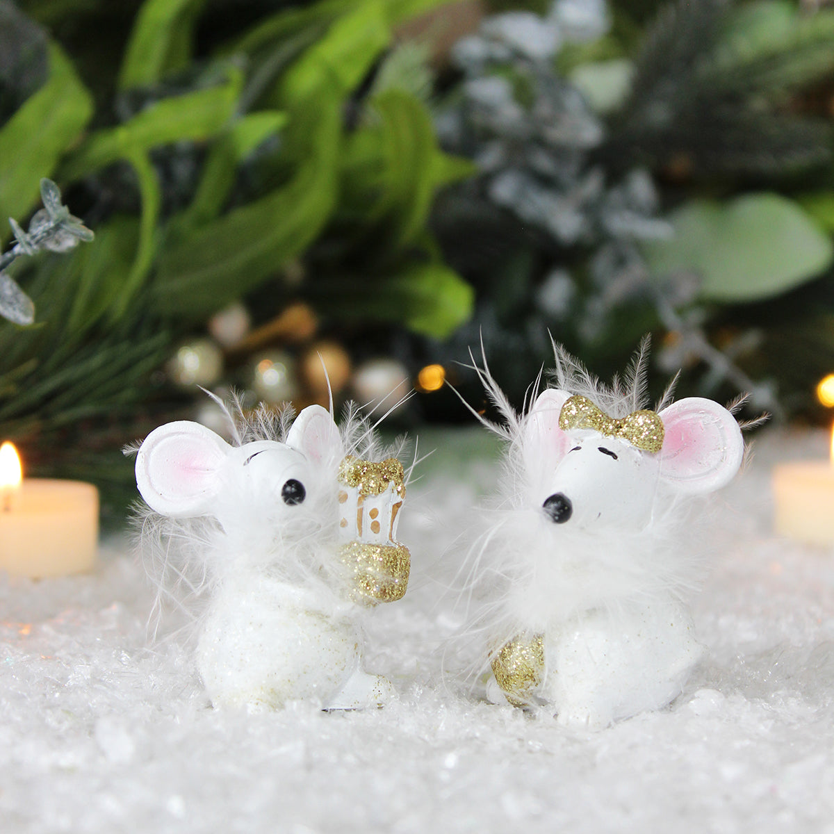 Sitting White & Gold Fluffy Mice