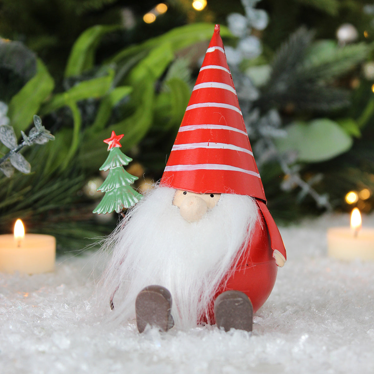 Sitting Santas In Red & White Metal Hats