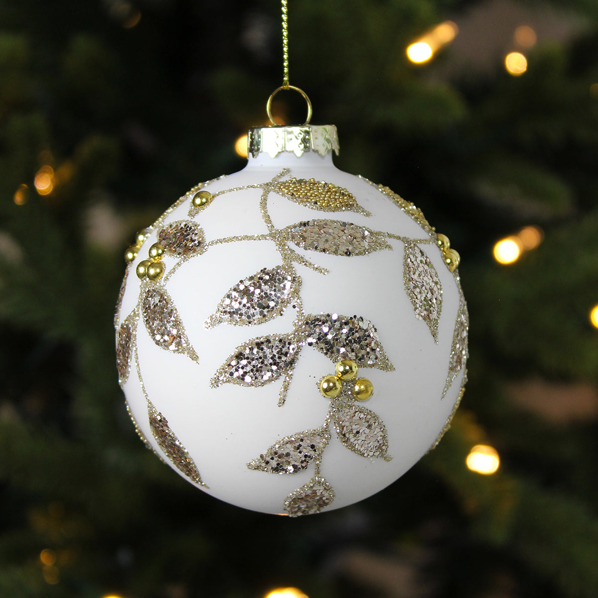 Matt Cream Glass Bauble with Gold Glitter Leaves