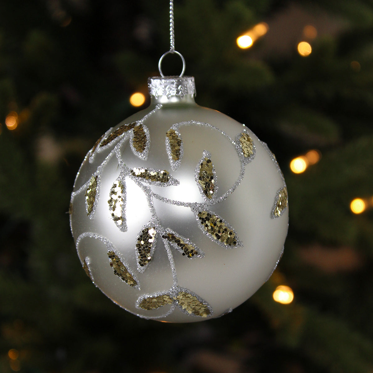 Matte Silver Glass Bauble with Glittered Vines