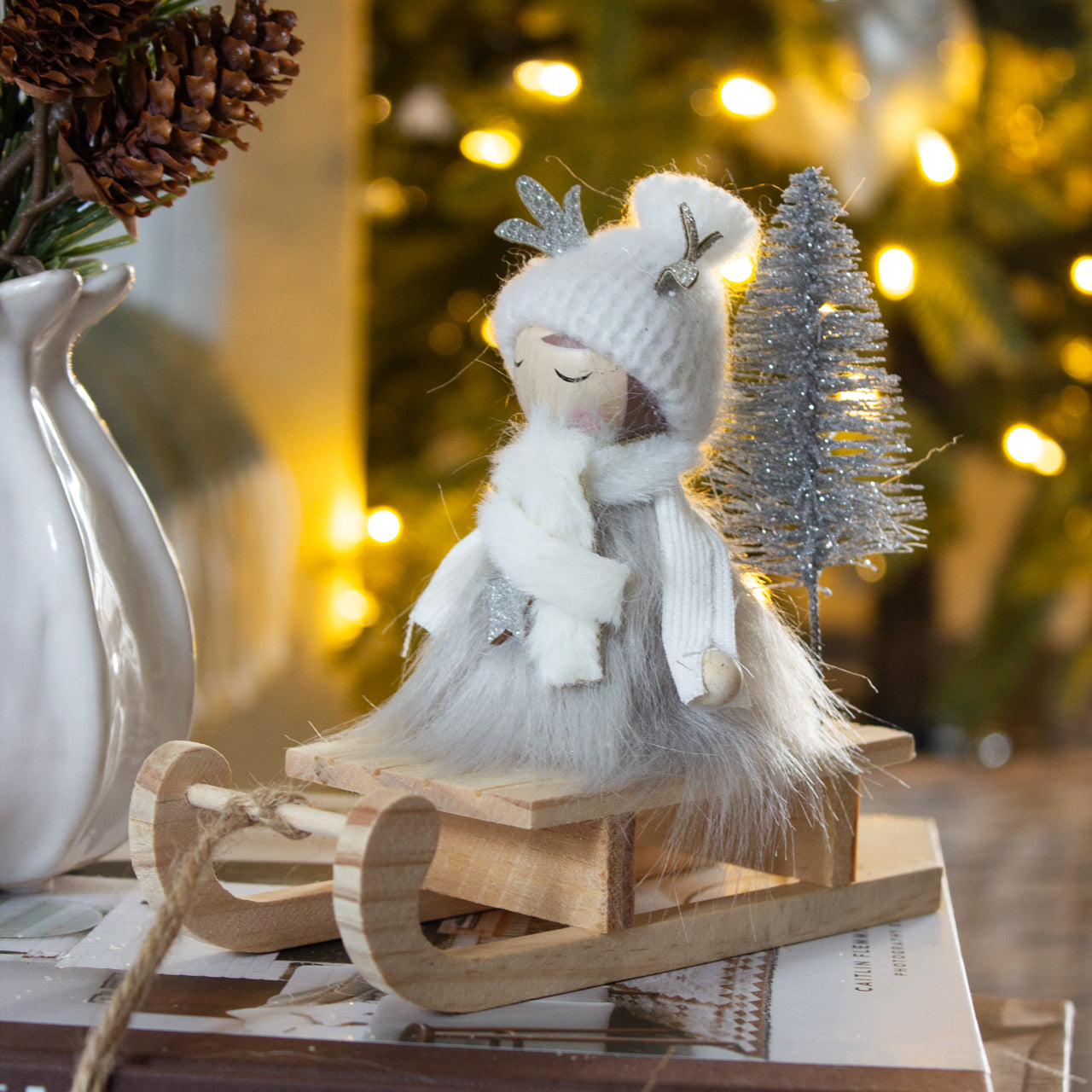Wooden Girl On Sledge Ornament