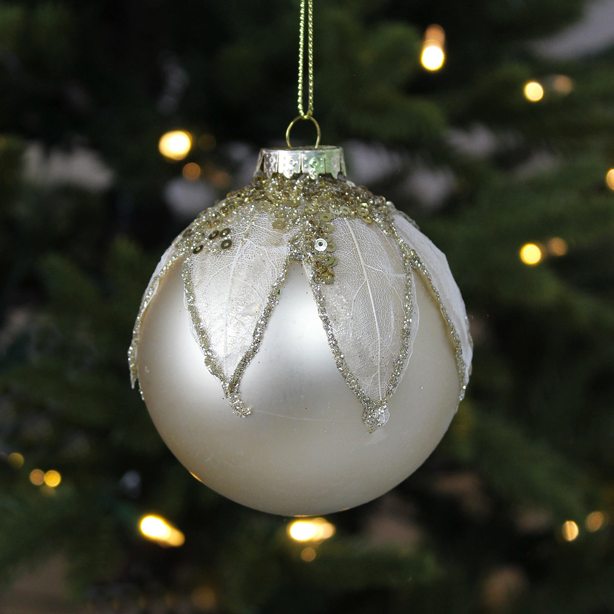 Gold Glass Bauble with Leaf And Sequin Top