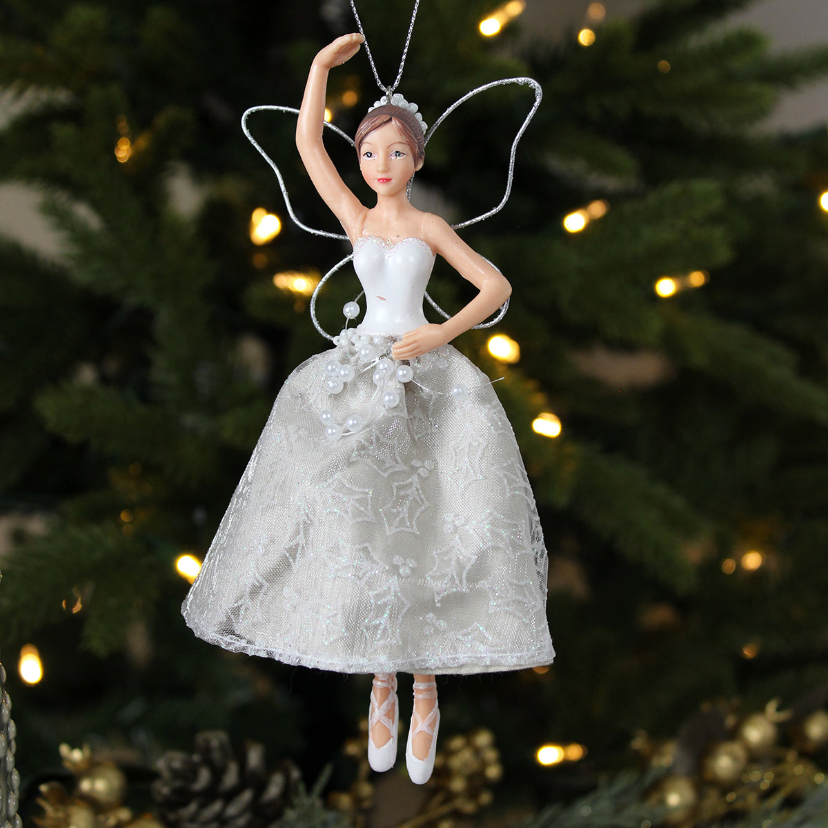 White And Silver Resin Fairy with Hessian Skirt Decoration