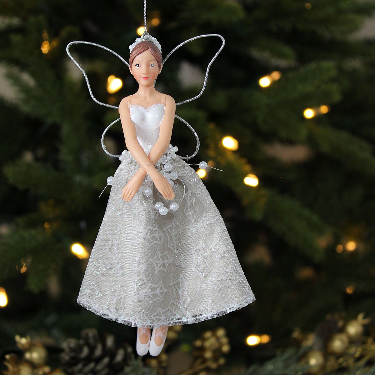 White And Silver Resin Fairy with Hessian Skirt Decoration