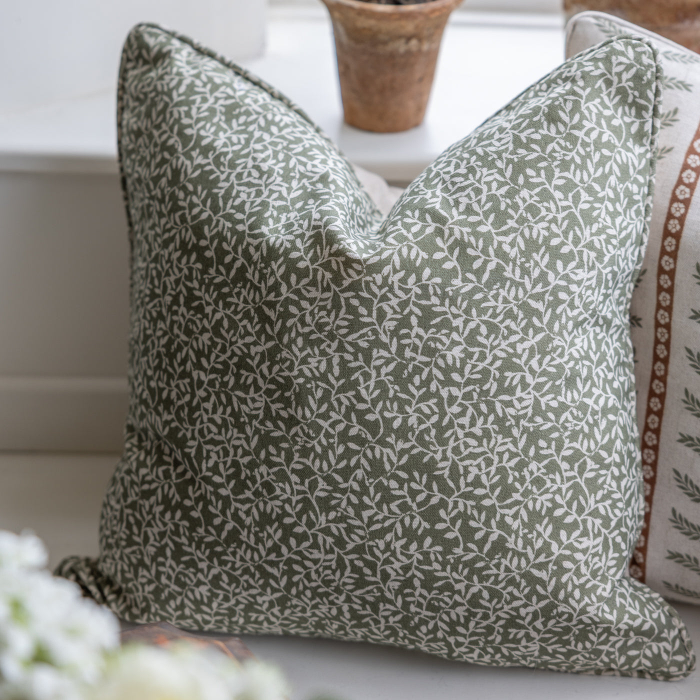Villette Oregano Green Floral Cushion