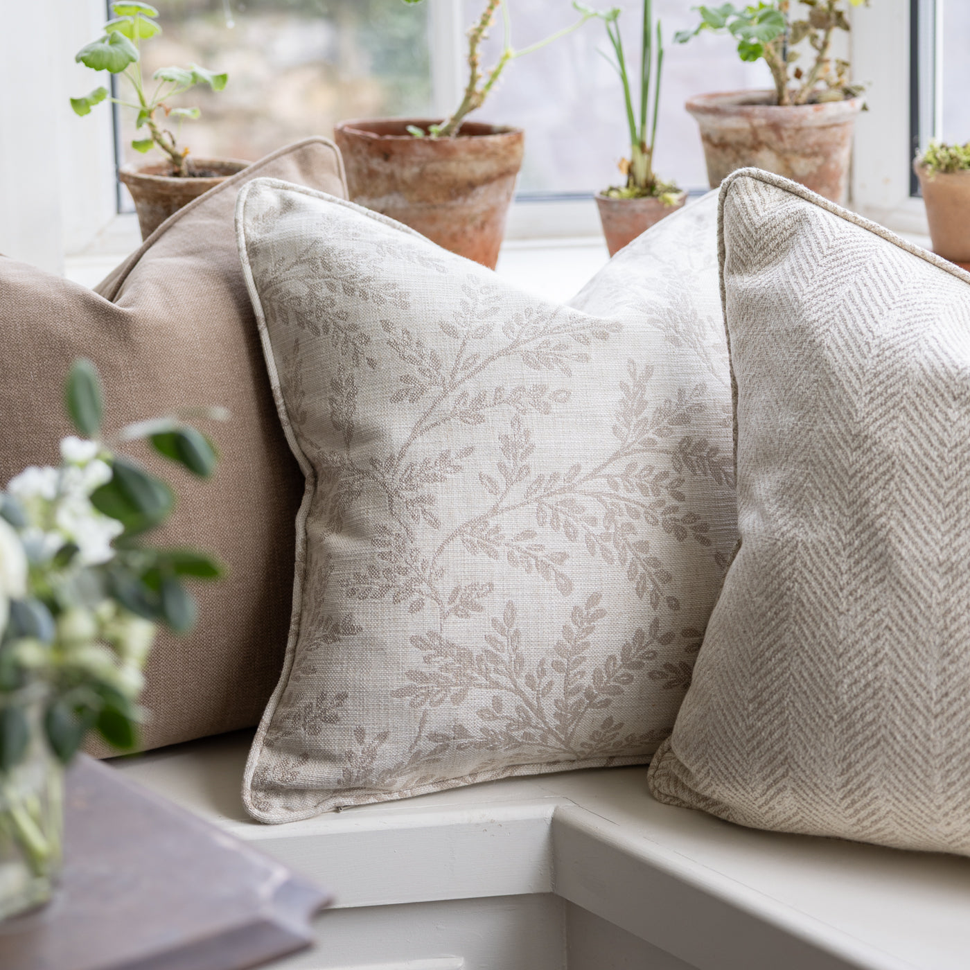 Ferndown Linen Taupe Floral Print Cushion