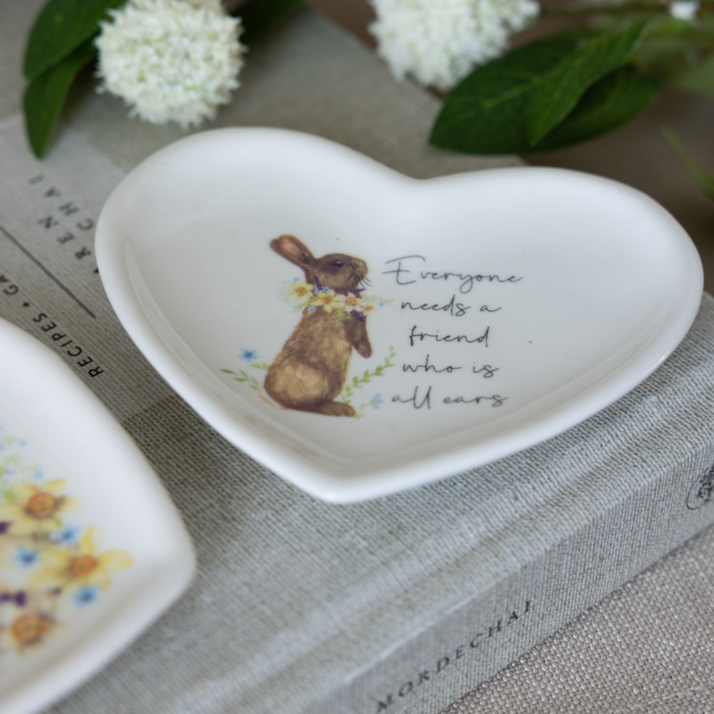 Bunny With Flower Ceramic Heart Shape Trinket Dish