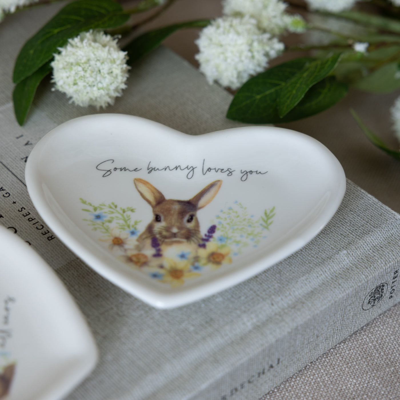 Bunny With Flower Ceramic Heart Shape Trinket Dish