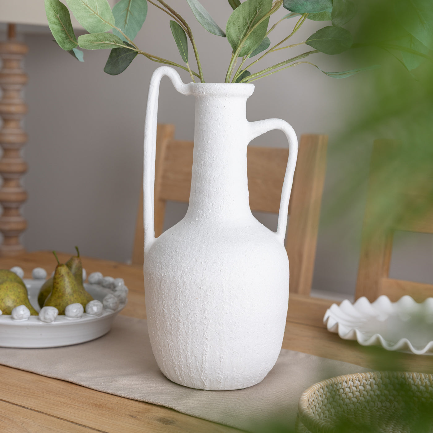 White Twin Handled Textured Vase