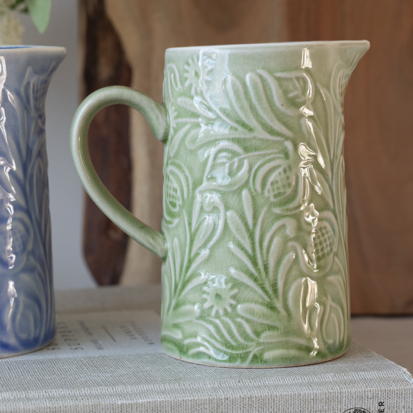 Country Flowers Green Stoneware Jug (Small)