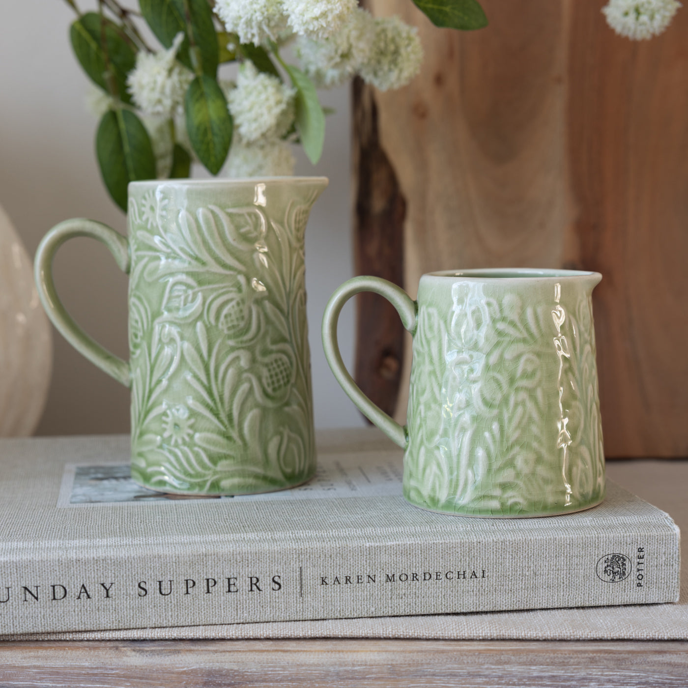 Country Flowers Green Stoneware Jug (Small)