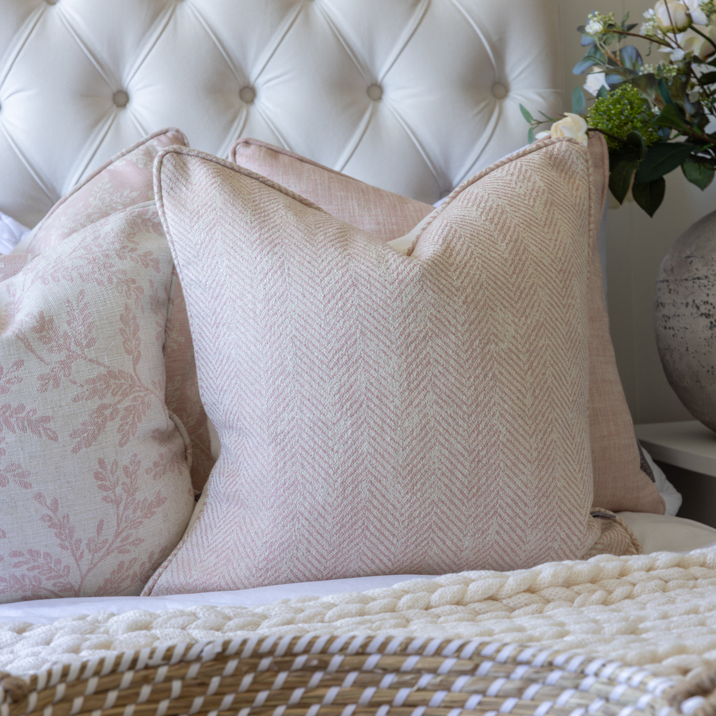 Ashmore Blush Herringbone Linen Cushion
