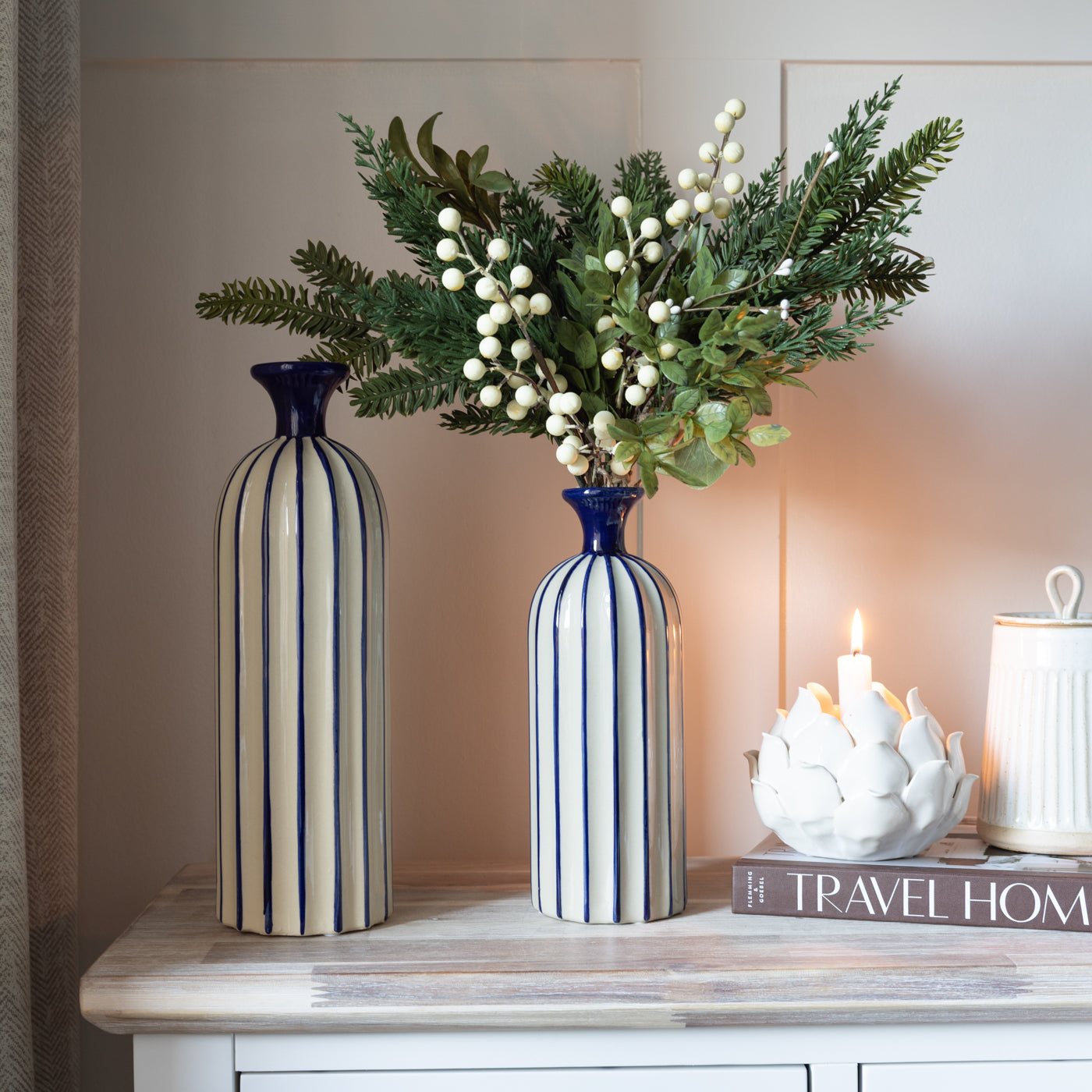 Large Blue and Cream Striped Bottle Vase
