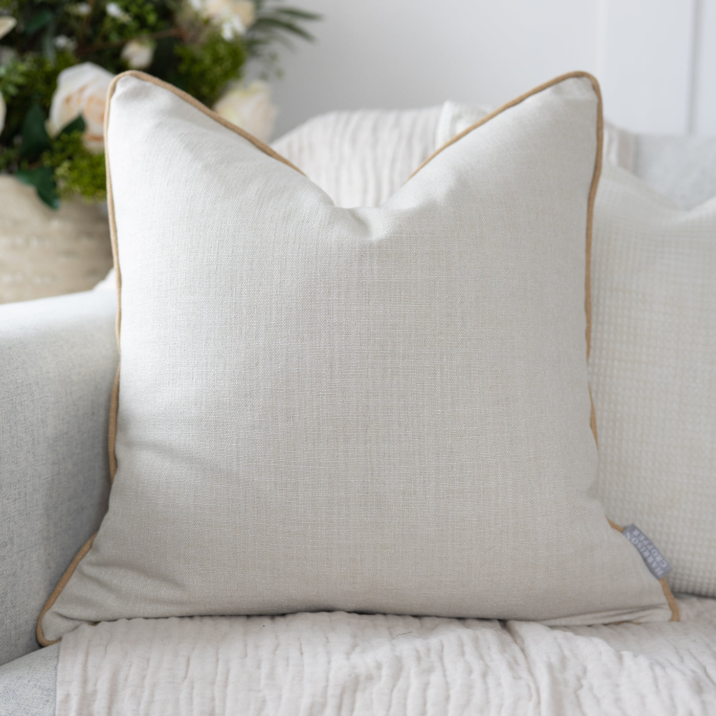Saxon Oatmeal Cushion with Linara Fudge Piping