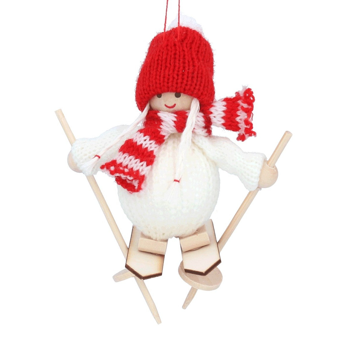 Red/White Knitted Fabric Boy & Girl on Skis Decoration