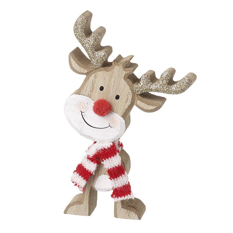 Small Wooden Rudolph In Red & White Scarf