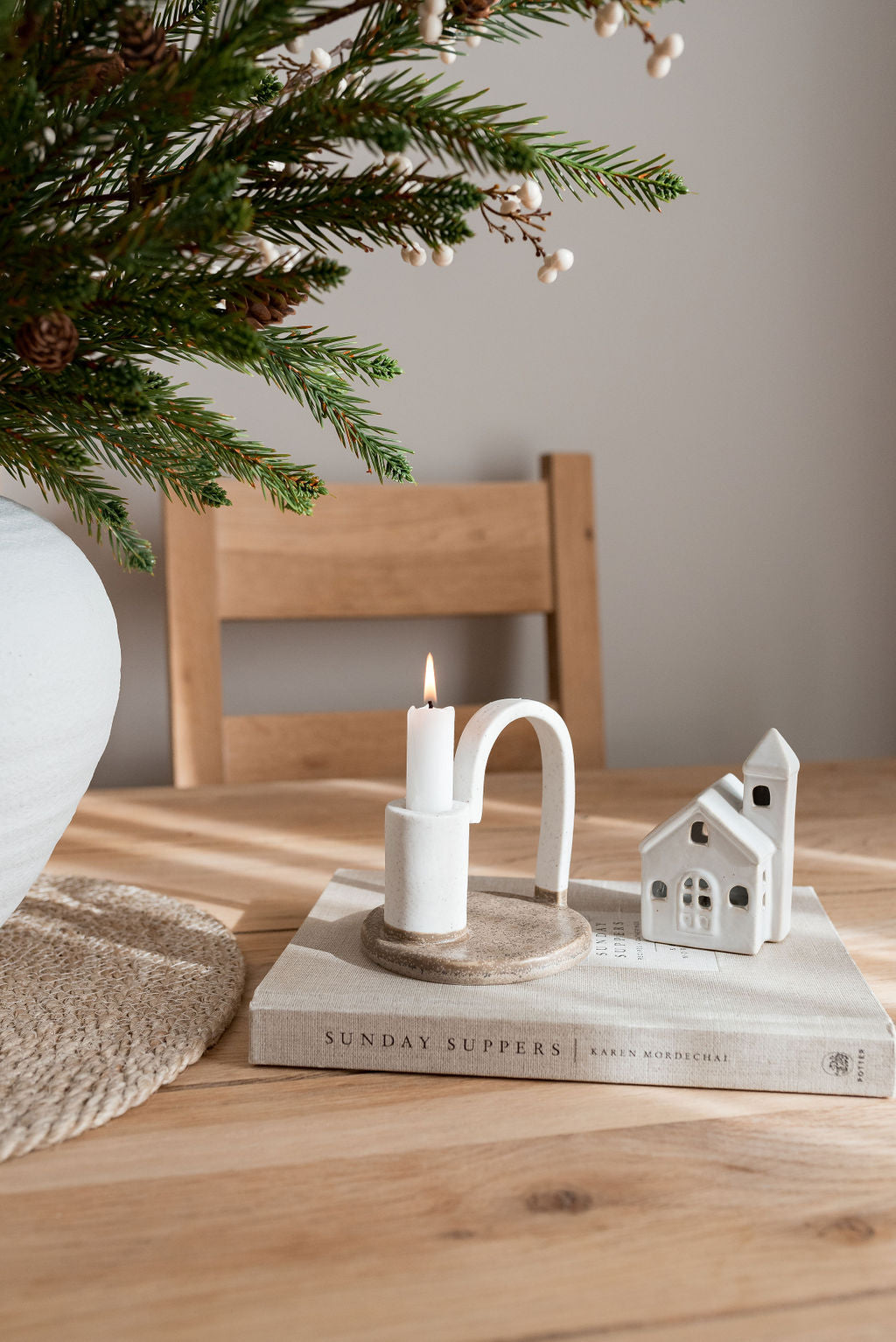 White & Beige Ceramic Candle Holder